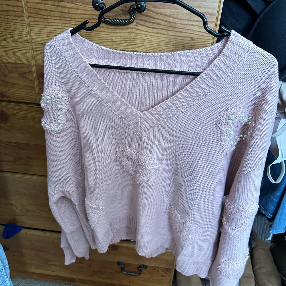 Pink Heart Patterned Women's Sweater - Picture 3 of 9